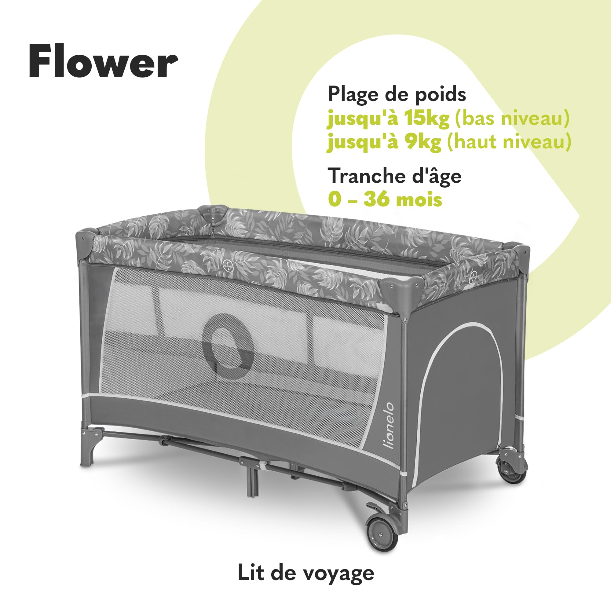lionelo Flower lit Bebe Deux hauteurs de Matelas entrée latérale Barre Jouets Table à Langer Sac Transport Pliage Rapide Gris II