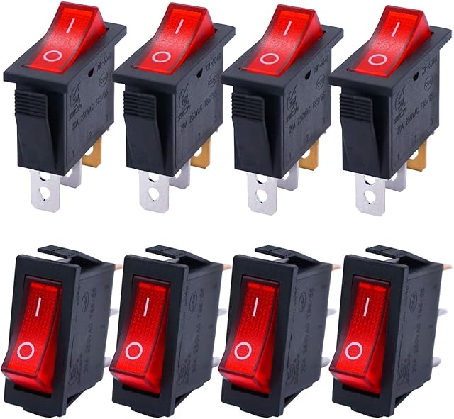 Taiss/8Pcs Rocker Toggle Switch Red Light Illuminated On/Off SPST 3 Pin 2 Position KCD3 Snap AC 250V 125V/20A KCD3-101N-R