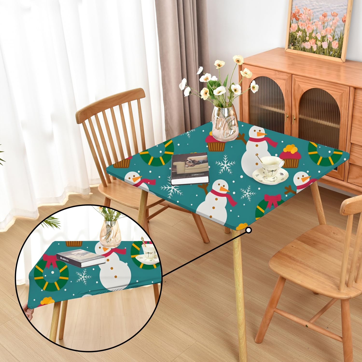 Amonsa Winter Christmas Square Fitted Tablecloth:Green Holiday Table Cloth Washable Stretchy Fabric Patio Coffee Table Cover with Cute Snowman and Donuts 34x34 Inch — image 1
