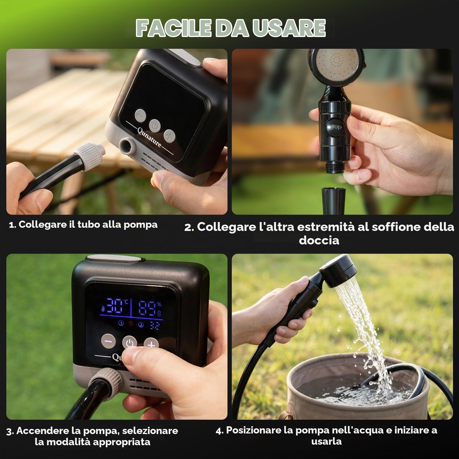 Doccia da Campeggio Portatile IPX8 con Display Digitale | Ricaricabile 8000mAh, 3 Modalità di Doccia, con Tubo da 2m e Soffione, per Viaggio Spiaggia Animali Domestici