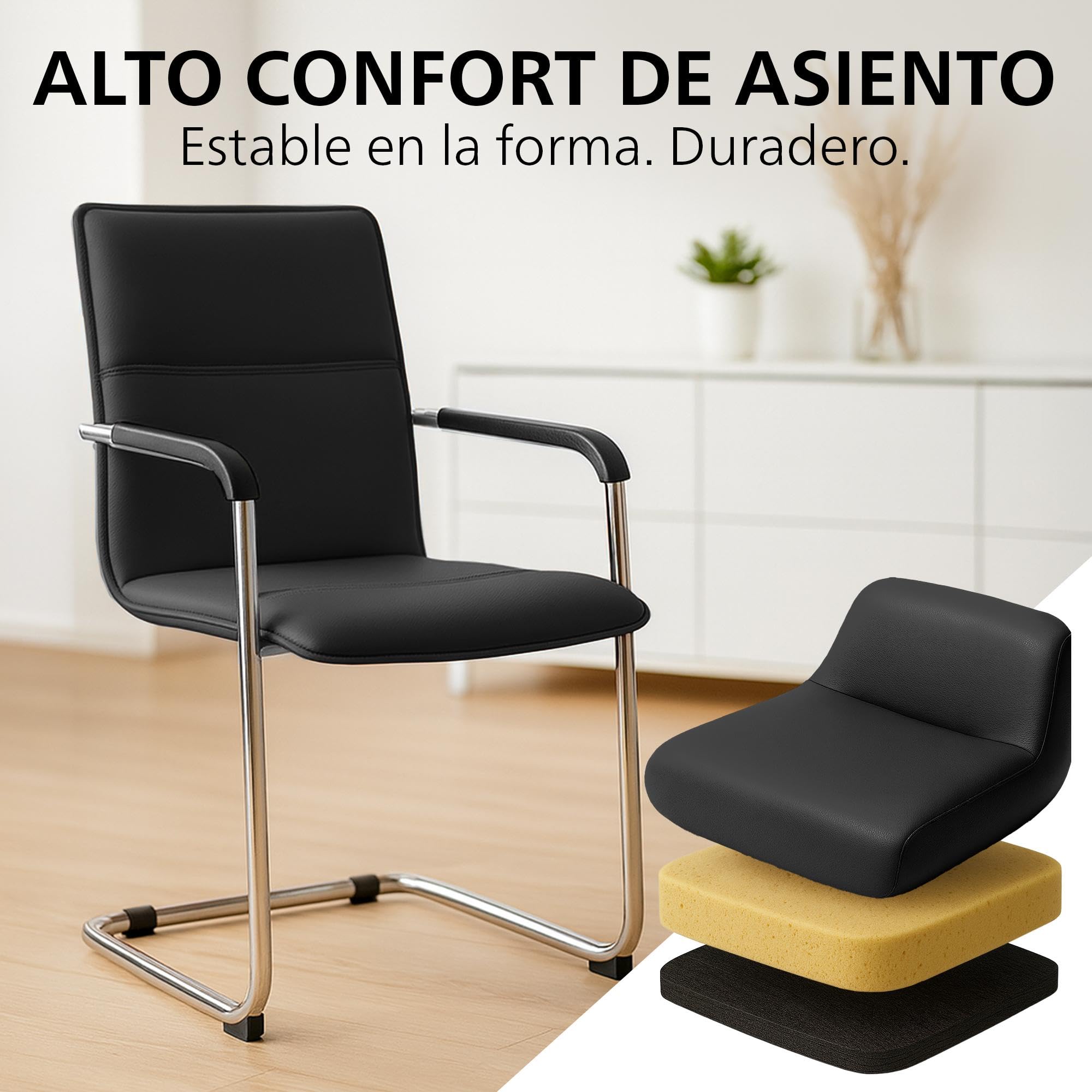 CLP Sillas Cantilever Juego de 2 con Reposabrazos Seattle, Sillas de Comedor Modernas Tapizadas con Cuero Sintético, Negro