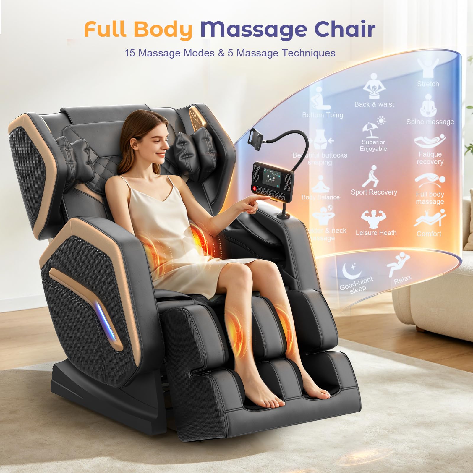 YONISEE Massagesessel, Ganzkörper-Massagesessel mit 14 Massagepunkten | Heizfunktion, 8 Airbags, Bluetooth-Lautsprecher, Touch-Fernbedienung, Fußmassage, Handyhalterung, Zero Gravity