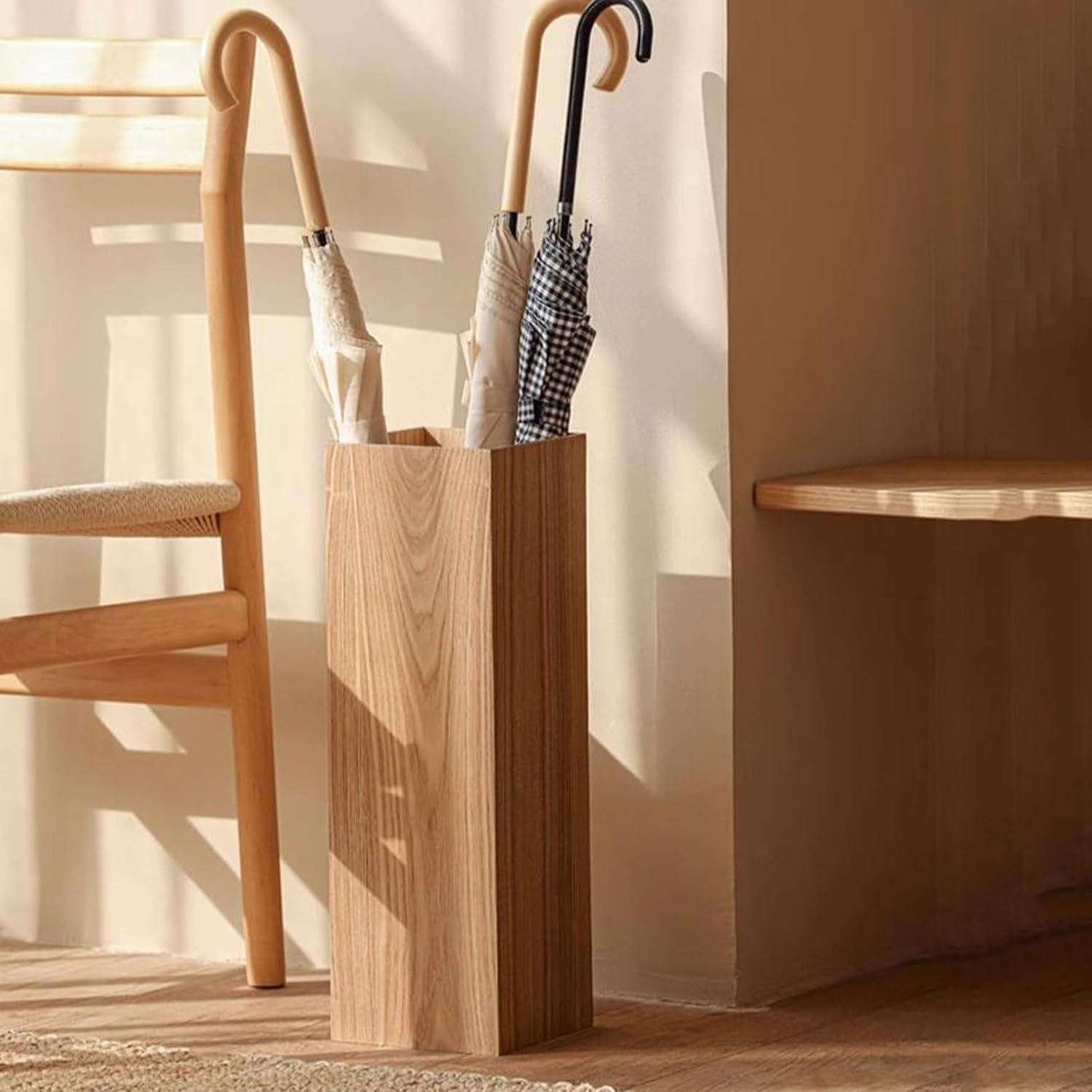 Wooden Freestanding Umbrella Holder Stand Rack for Entryway Home Office Square Umbrella Storage Bin for Cane Walking Sticks Dark Wood Color