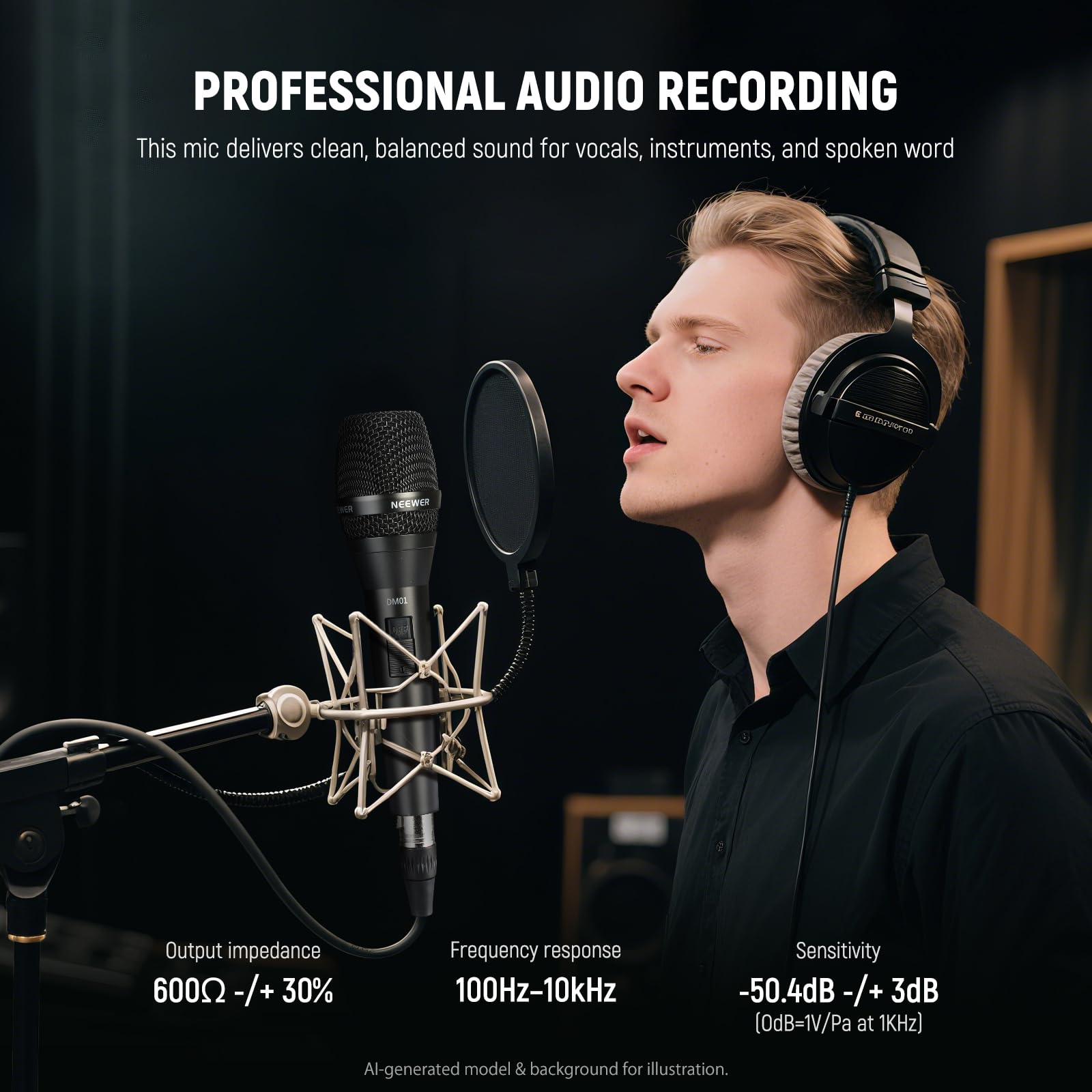 NEEWER DM01 Kardioidalny mikrofon dynamiczny z kablem XLR do podcastów śpiewających do gier PC, głosu studia, przemówień, występów na żywo, impedancja 600 Ω +/- 30%, zakres częstotliwości 100 Hz-10