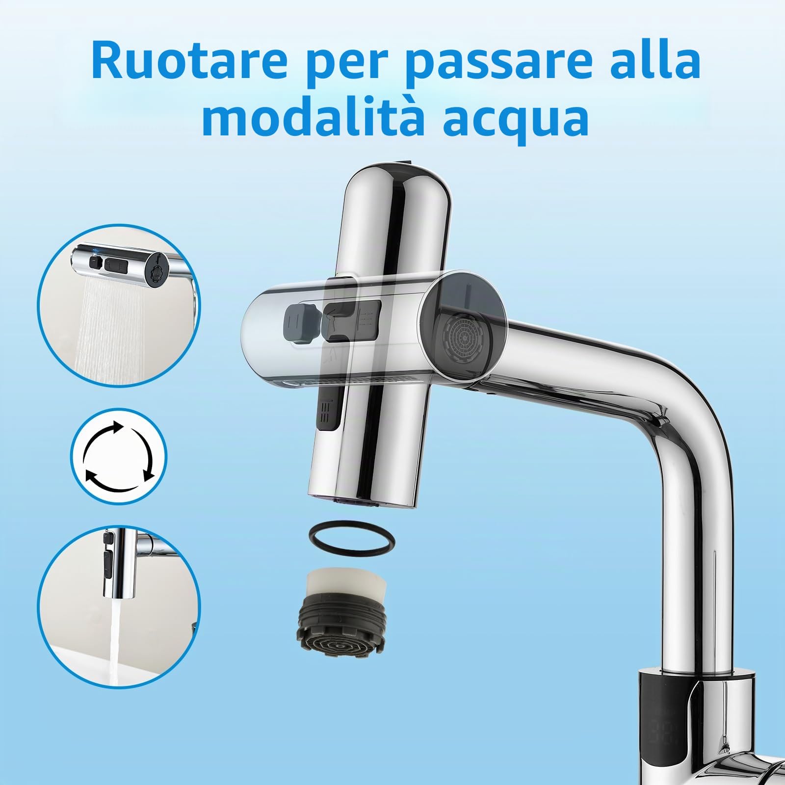 Rubinetto Bagno Lavabo Doccetta Estraibile Cromato LED Temperatura | Miscelatore Lavabo Bagno Mynaiad Monocomando con 4 Getti, Girevole 360°,Finitura Cromata Anti-impronte