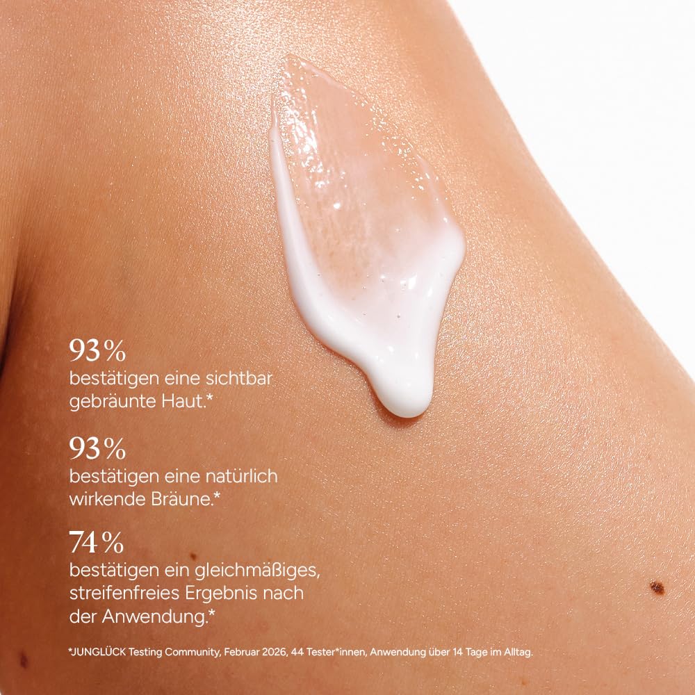 JUNGLÜCK Selbstbräunungslotion | Selbstbräunende Hautpflege für natürliche und gleichmäßige Bräune - Selbstbräuner Body Lotion spendet intensive Feuchtigkeit mit Hyaluron & Squalan
