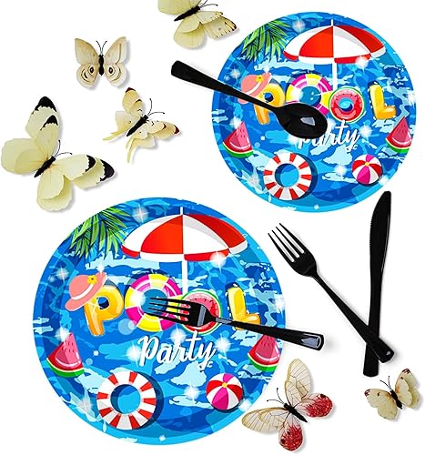 Miniatura 7 de Juego de 175 piezas de suministros para fiesta de piscina, juego de fiesta de playa de 9 pulgadas, platos de fiesta de piscina, 7 pulgadas, plato de