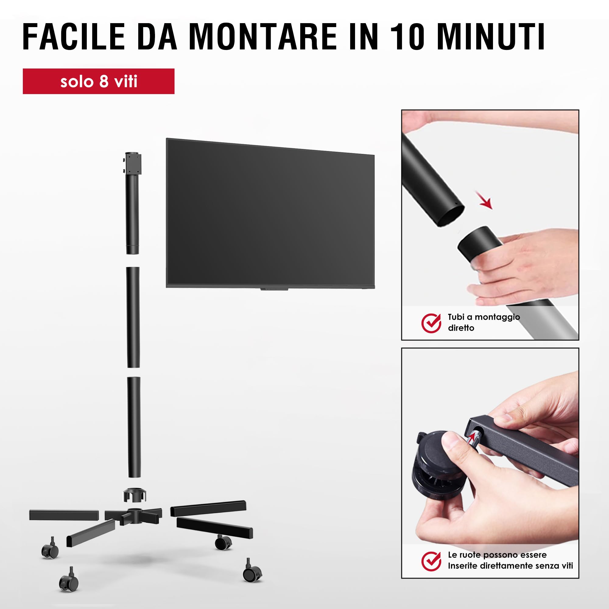 AOKCOS Carrello Porta TV 32-65 Cali, Supporto TV da Pavimento Regolabile, Inclinabile, VESA 400x400mm 40kg