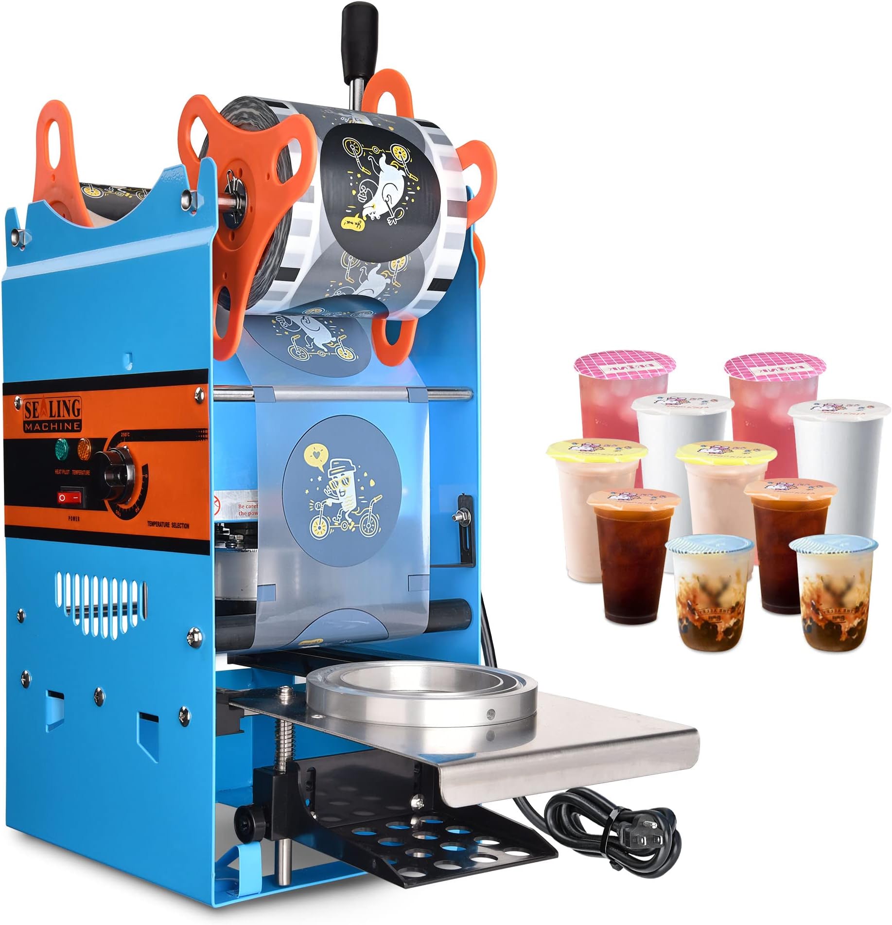 Yescom Manual Cup Sealing Machine Electric Cup Sealer 300W Commercial Bubble Milk Tea Sealer for 72mm 76mm 95mm Diameter 300-500 Cups/Hour Boba Coffee Smoothies