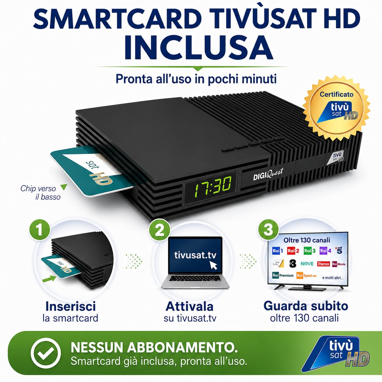 DIGIQUEST Decoder Tivùsat Ti9, DVB-S2 | CAVO HDMI INCLUSO | AUTO INSTALLANTE | Smartcard Tivùsat inclusa | DVB-T2 HEVC Main 10 | Registrazione attivabile | Merlin