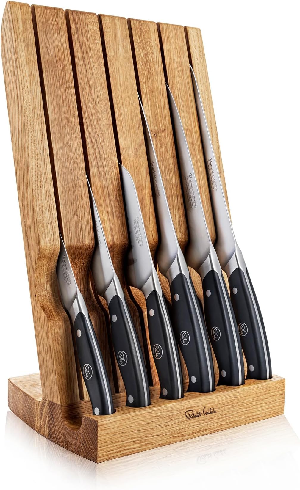 Award Winning - Robert Welch Professional Angle Oak Knife Block Set. Includes Carving 22cm, Bread 22cm, Chef's 18cm, Santoku 14cm, Kitchen 14cm, Paring 9cm