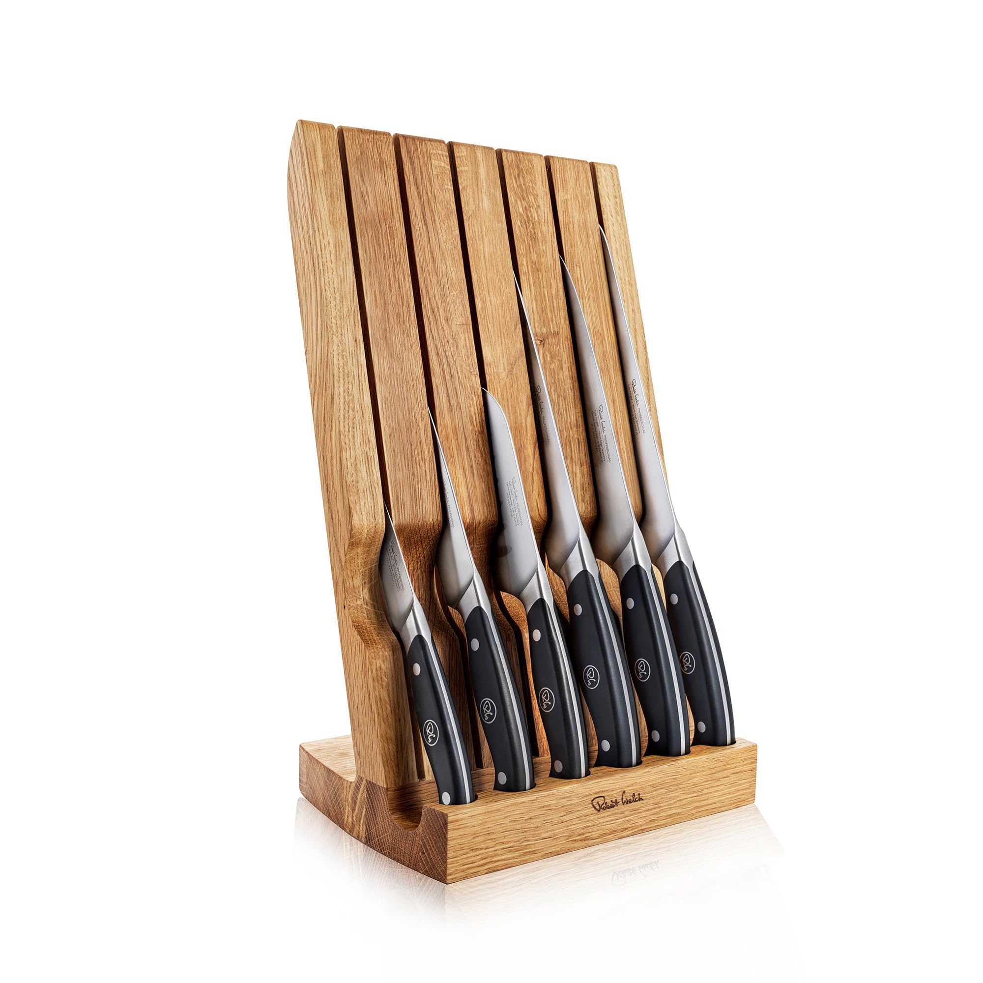Award Winning - Robert Welch Professional Angle Oak Knife Block Set. Includes Carving 22cm, Bread 22cm, Chef's 18cm, Santoku 14cm, Kitchen 14cm, Paring 9cm