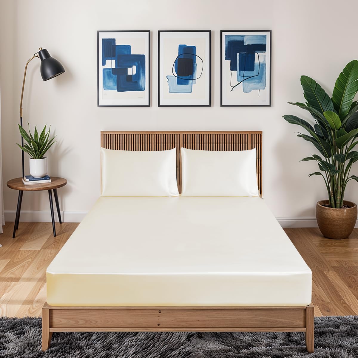 Black Horse 3 Pcs Satin Fitted Sheet and 2 Pillowcases - Breathable Non-Iron- 40 cm Deep Pocket Satin Silky Bed Sheet-Color & Size Name - (Cream, King)