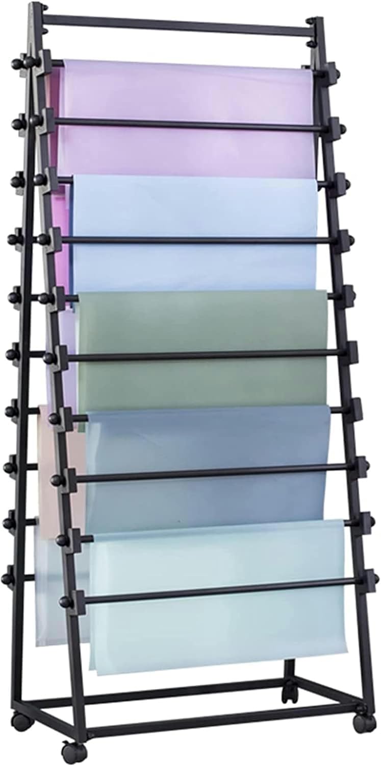 Craft Room Organiser Display Display Stand Double-Sided Scarf/Wrapping Paper Storage Organzier Rack with Wheels, Metal Freestanding Ribbon Display Stand Shelf with Movable Crossbar