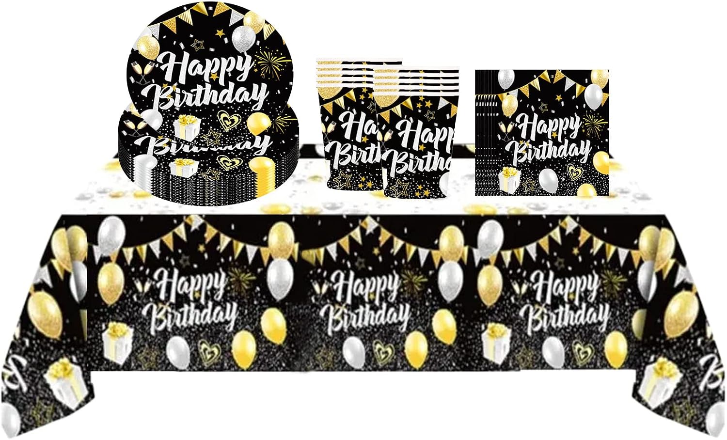 Black Gold Happy Birthday Party Decorations Tableware Set for Men,Women,Boys,Girls,31Pc Disposable Birthday Dinnerware-Plastic Tablecloth,Paper Plates,Napkins,Cups for Him,Her Birthday Party Supplies