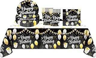 Black Gold Happy Birthday Party Decorations Tableware Set for Men,Women,Boys,Girls,31Pc Disposable Birthday Dinnerware-Plastic Tablecloth,Paper Plates,Napkins,Cups for Him,Her Birthday Party Supplies