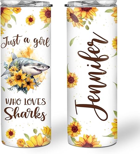 Hyturtle Regalos personalizados de vaso delgado de tiburón, regalos de tiburón girasol para niñas y mujeres, regalos de cumpleaños y Navidad para