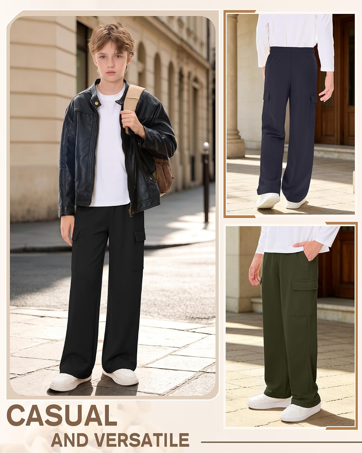 Yooo's Vivi 3 Pack Boys Cargo Sweatpants 5-14Y, 3-Color, 11-12 Years | Kids Cargo Sweatpants, Open Bottom, Elastic Waist, 4 Pockets, Soft Fabric, Athletic, School, Outdoor, Casual Daily, Playtime