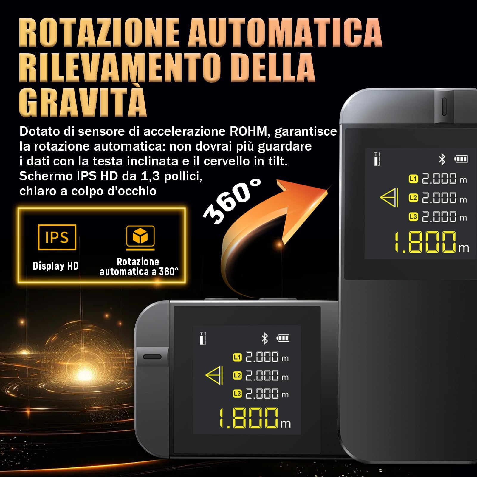 Metro Laser IR40 40m, Precisione ±2mm, Misuratore Laser Distanza con Bluetooth, Display Auto-Rotante, 8 Modalità, Batteria Ricaricabile, per fai-da-te, Misura Distanza, Superficie, Volume e Altezza