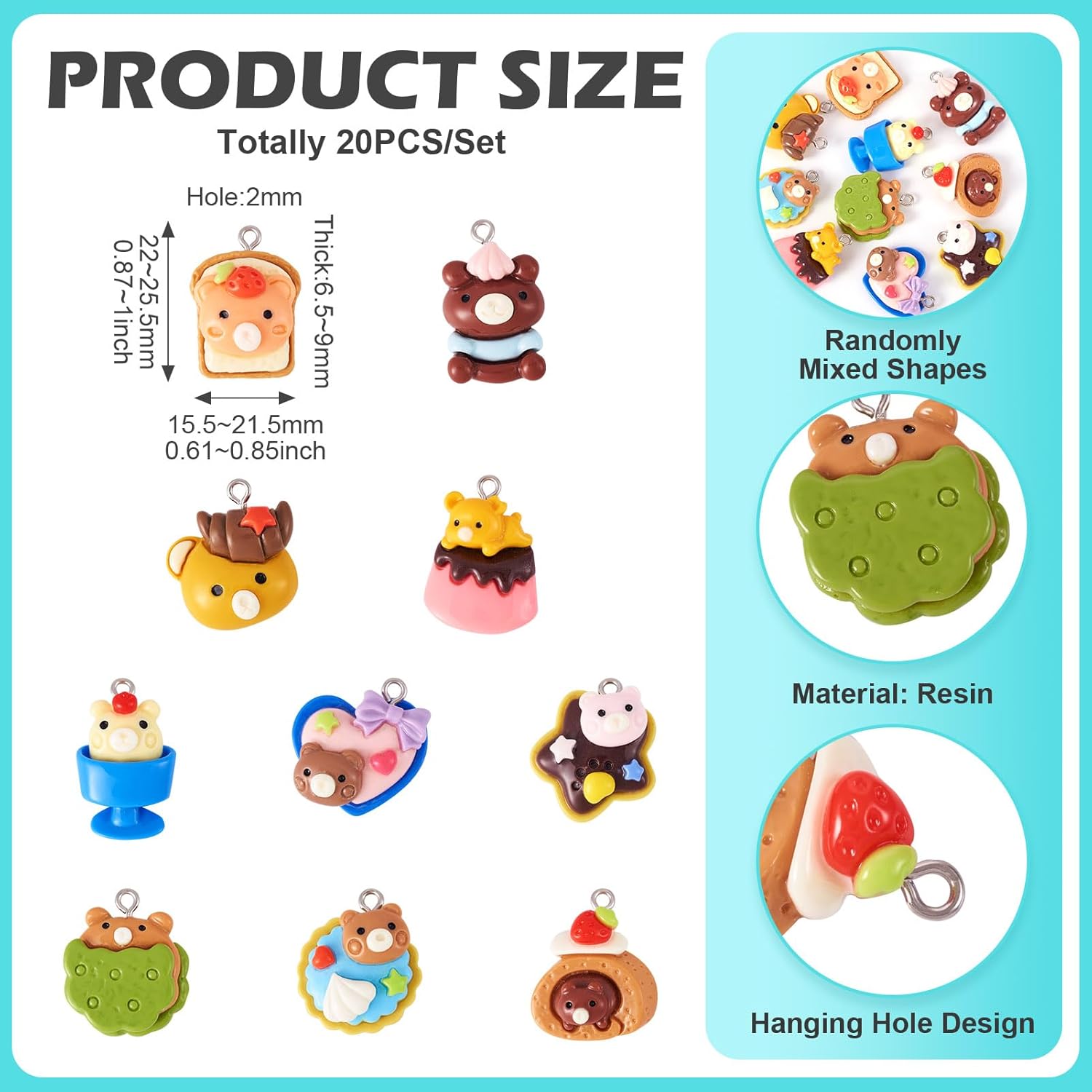 20Pcs Resin Bear Charms Sweet Food Theme Cartoon Bear Pendants Cute Dessert Animal Dangle Charms Lovely Hang Ornament for DIY Crafts Earring Necklace Keychain Jewelry Making - Image 2