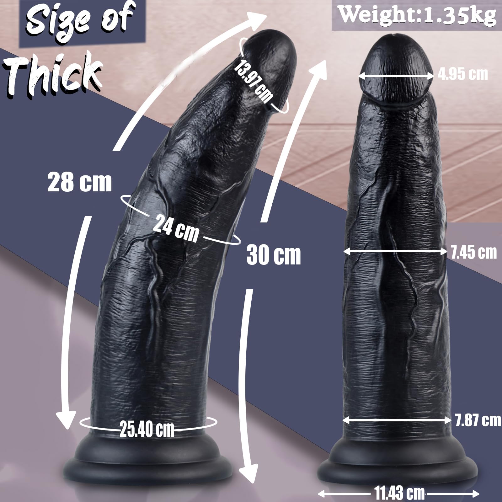 7,4 cm Diametro Dildo Gigante in Silicone A Doppia Densità, 30 cm Dildo Gigante Nero Spesso, Sex Toy con Asta Dritta e Potenti Ventose per Uomini e Donne Adulti