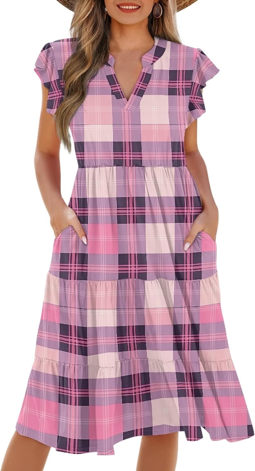 Womens Casual Dresses Summer Ruffle Sleeve V Neck Empire Waist Midi 2025 Fashion Fit Smocked Tiered Boho Sundress