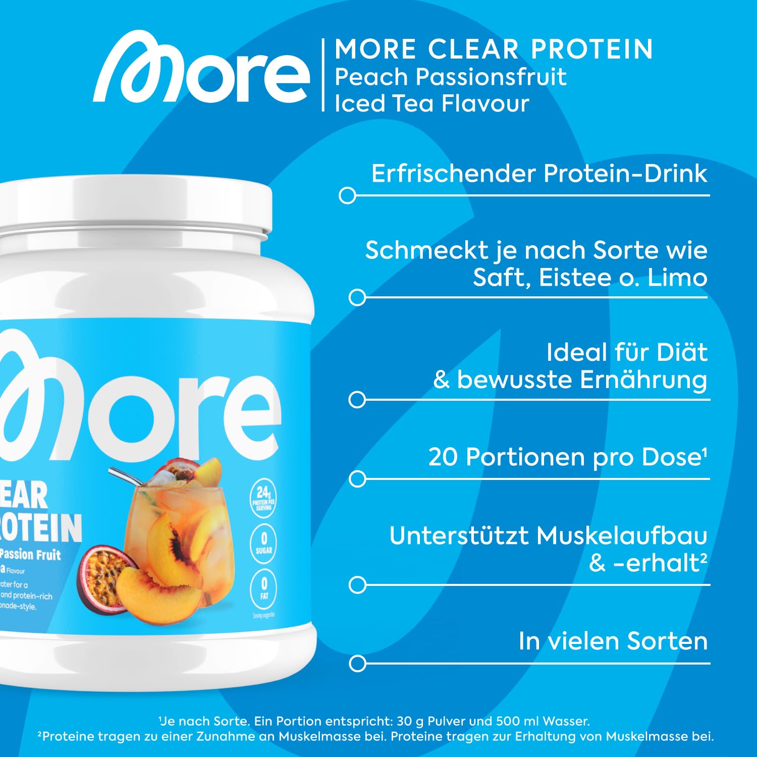 MORE Clear Protein, Peach Passionfruit Ice Tea, 600 g, Protein Drink mit Whey Isolat - made in Germany