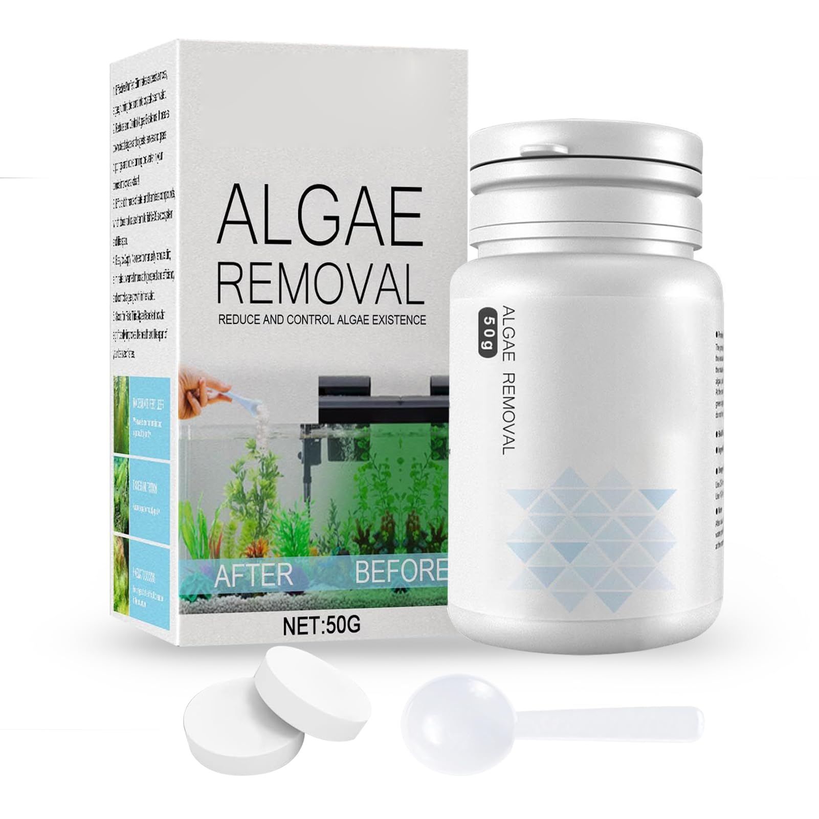 gaubssAlgae Remover Fish Tank, 50g Fish Tank Cleaner Aquatic Algaecide with Spoon, Quick Clear Moss Green Water and Algae, Healthy Environment for Fish Plant