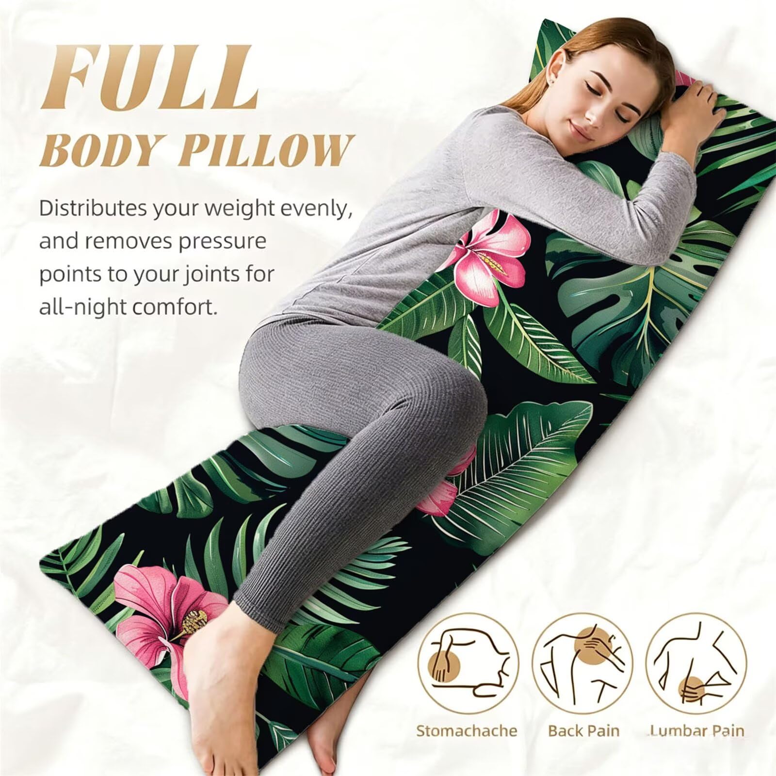 Funda de Almohada 60 x 180 cm Verde Protector Almohada 180 cm con Cremallera Invisible, Lino Durable y Transpirable Pillow Case Largas Hojas Impresión a Doble Cara para Cama, Sofá y Dormitorio dg-556
