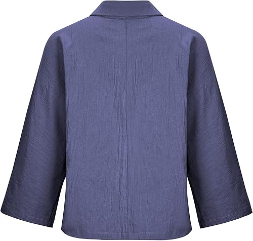 Miniatura 10 de Camisetas de lino de algodón para mujer, estilo casual, de manga larga, cuello en V, bolsillos, botones, color liso, holgadas, cómodas