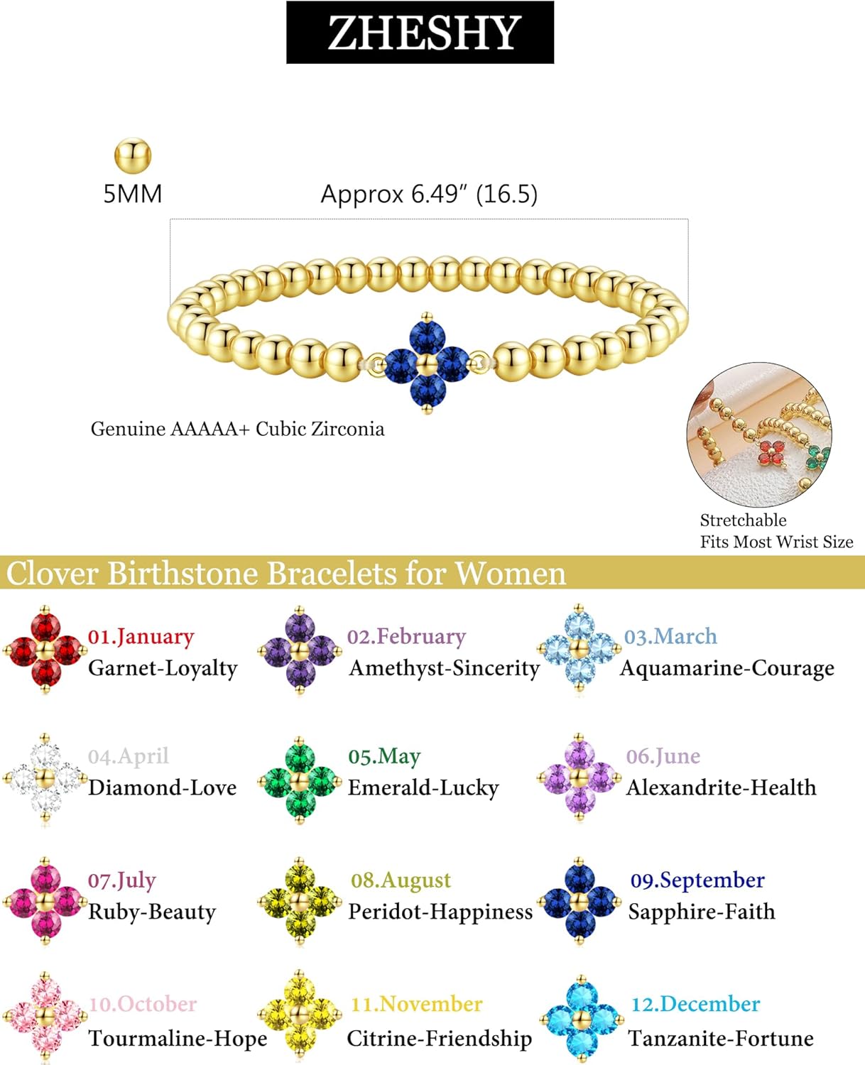 Birthstone Gold Bracelets for Women Trendy Clover Charm Bracelets Non Tarnish 14K Gold Plated Stretch Beaded Friendship Bracelets Womens Jewelry Valentine's Day Gift - Image 3