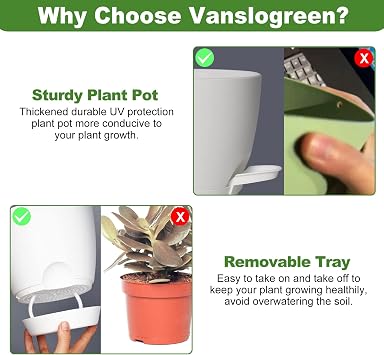 Vanslogreen İç Mekan Bitkileri için Saksılar, 8/7/6.5/6/5.5/5 İnç Drenaj Delikli Kendinden Sulamalı Bitki Saksıları, Plastik Saksılar İç Mekan Dış Mekan Ev Bitkileri için Çiçek Saksıları (Mat Beyaz)