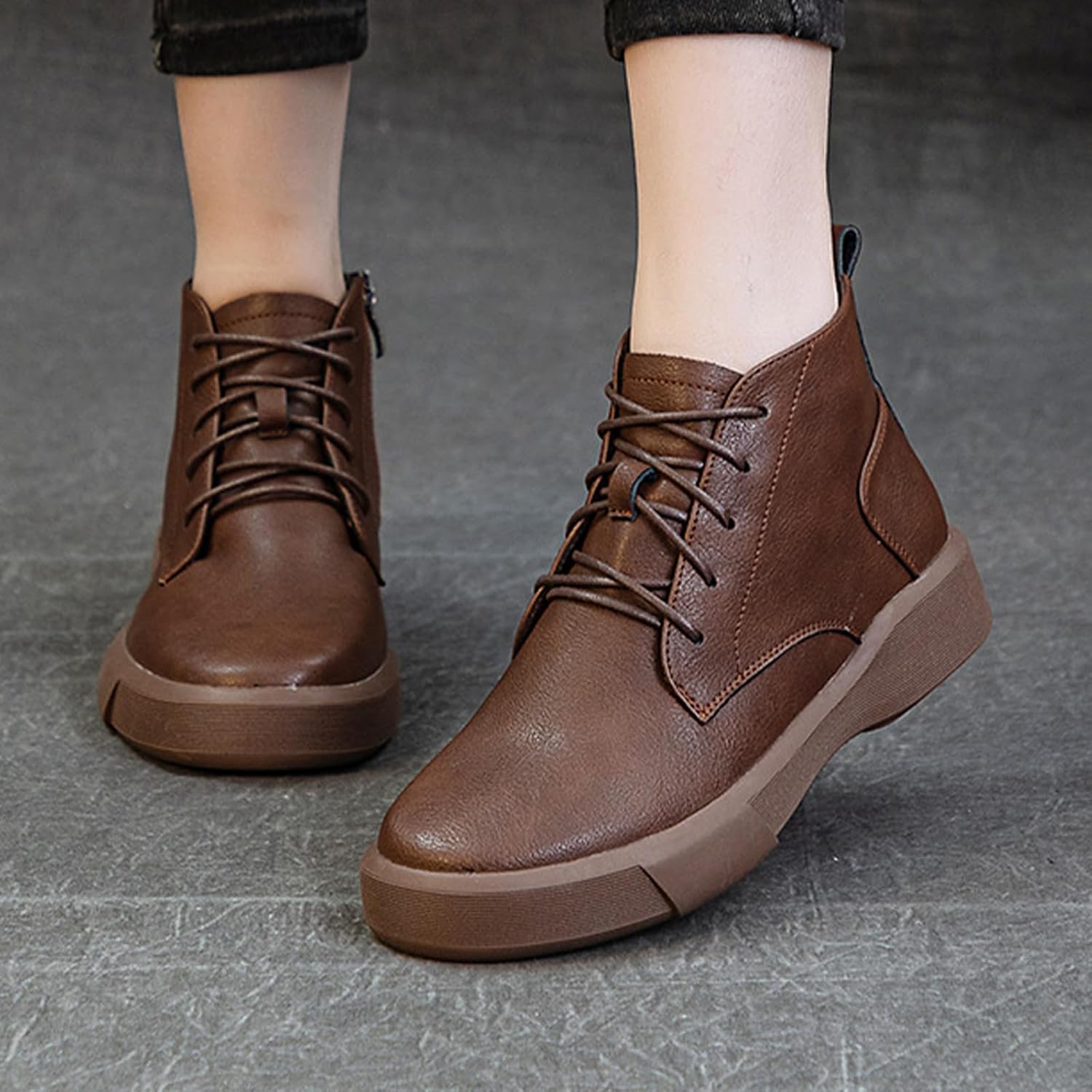 MOYOWEI Women's Leather Casual Leather Ankle Boots,Fall/Winter Comfy Waterproof Non-slip Lace-up Side Zipper Short Booties