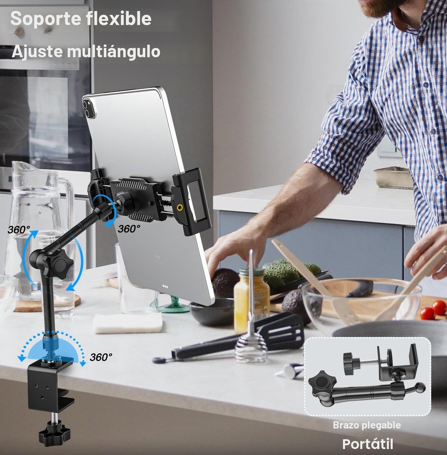 Soporte Tablet Cocina Escritorio con Brazo de Metal Ajustable | Soporte para Tablet Estanteria [Apto para Mesa y Armario] para iPad Pro 12.9 Air Mini, Galaxy Tab Ultra, Switch, de 6-14.6"