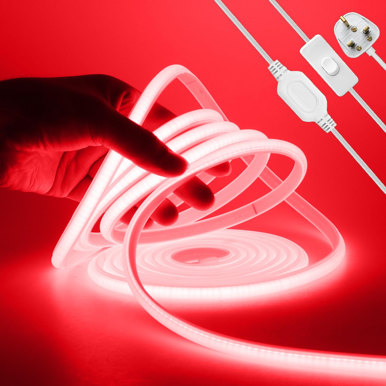 KAFULA 220V COB LED Neon Strip with On/Off Design [33M，Red], IP65 Waterproof Flexible, 288 LEDs/m FCOB LED Strip CRI85+, Cuttable Every 50cm, Home/Store Decorative Lighting — image 1