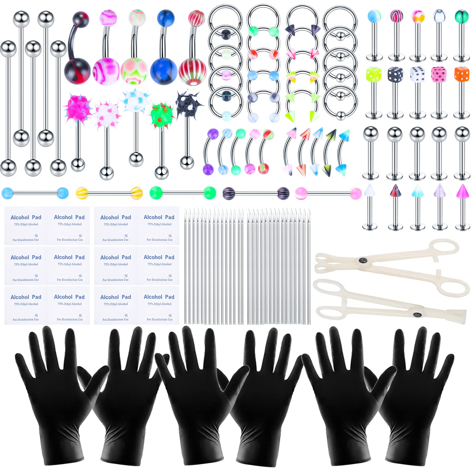 120PCS Body Piercing Kit Surgical Steel 14G 16G 20G BCR CBR Labret Lip Rings Cartilage Daith Earrings Nose Septum Nose Studs Belly Button Rings Piercing Jewelry Needles Gloves Clamps Tools