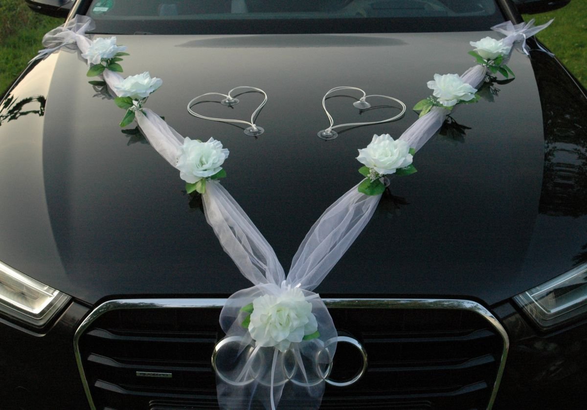 Autoschmuck Organza M + Hearts Wedding Car Decoration, Rose Decoration, Bride and Groom, Decorative Rattan Garland Weiß / Weiß / Weiß