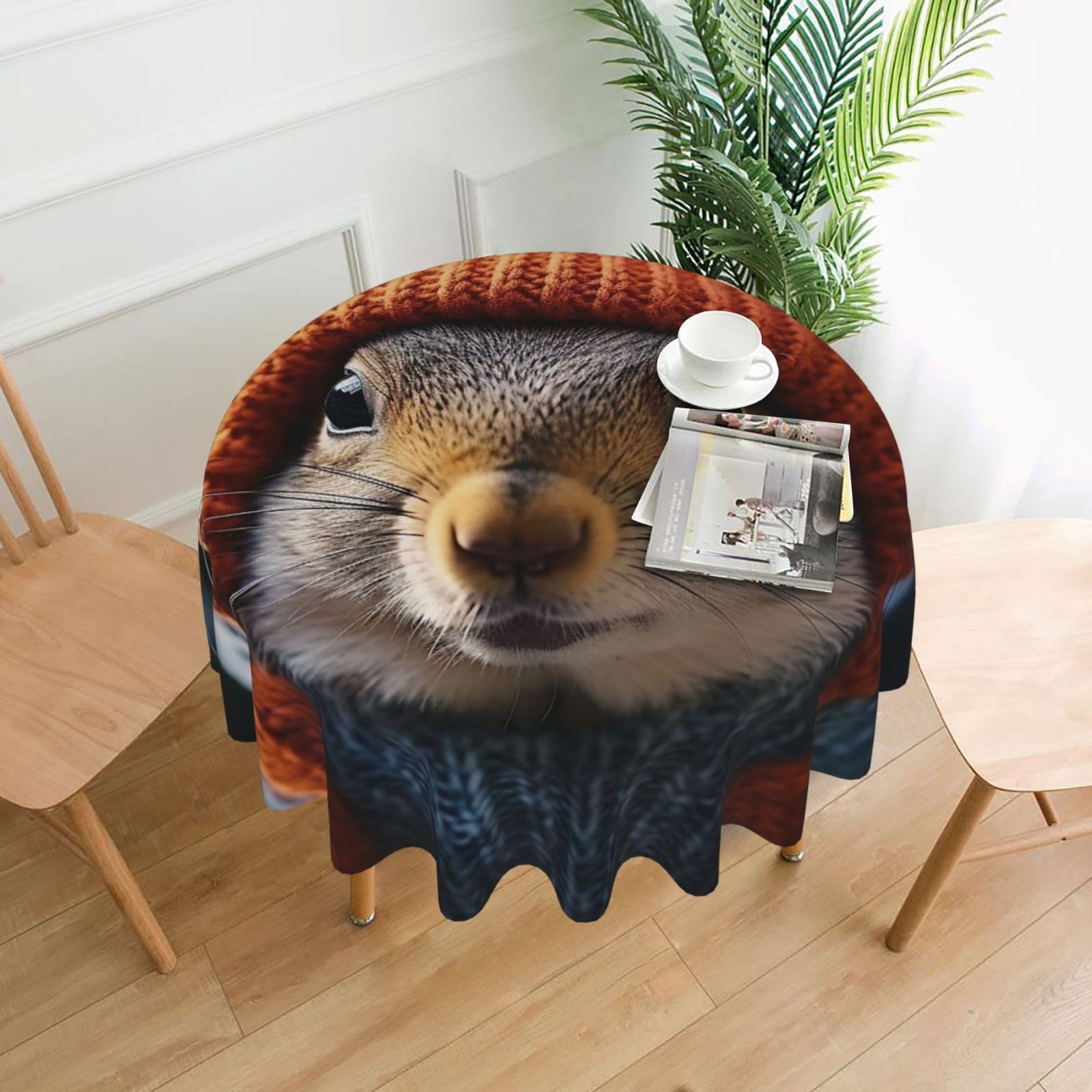 QMKFWT Squirrel Wearing Hat Printed Round Tablecloth,Dust-Proof Wrinkle Resistant Table Cover Washable Polyester Table Cloth for Kitchen Dining Room Farmhouse Picnic Indoor Outdoor(Round 60 Inch)