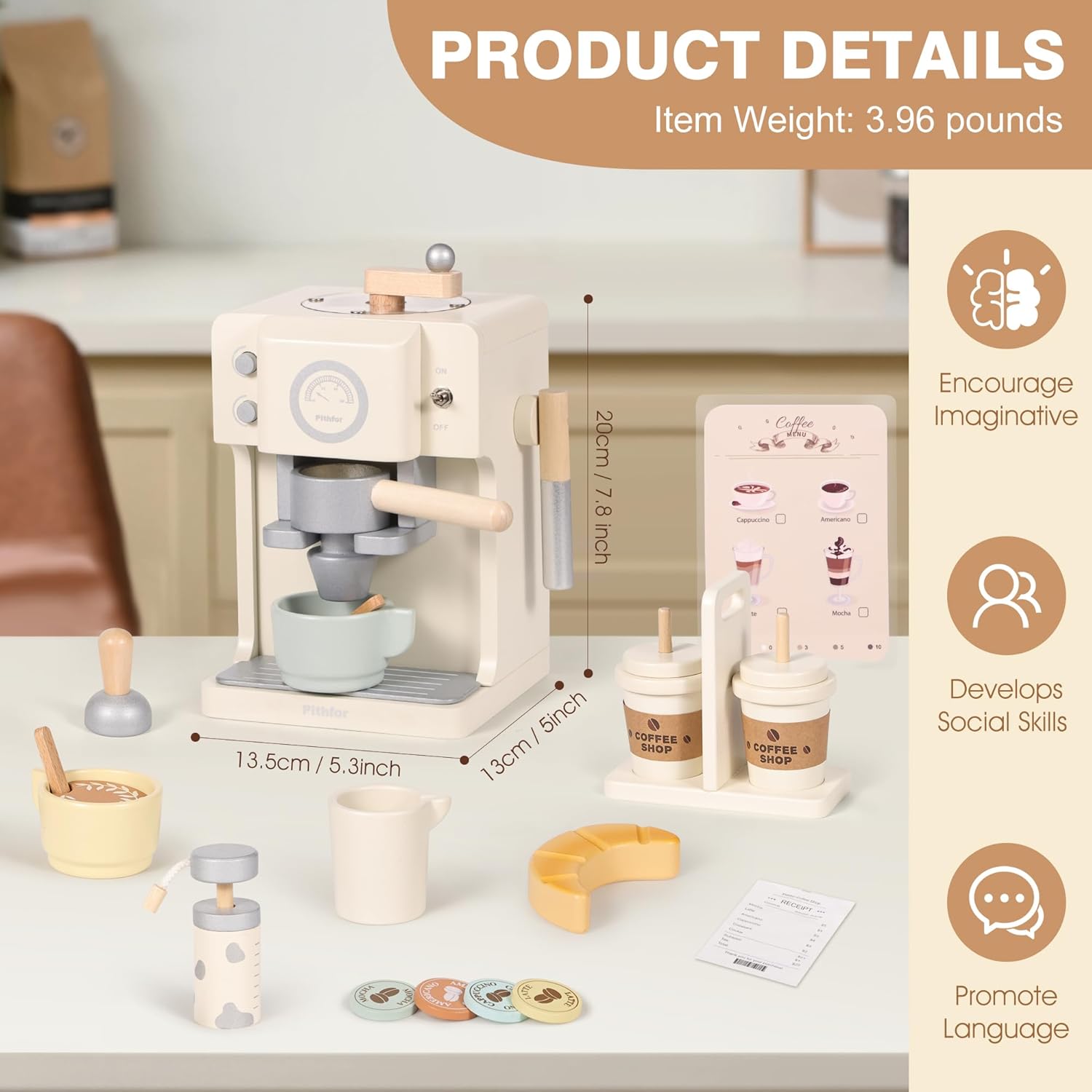 Kids Wooden Coffee Playset with Grinder, Toy Coffee Maker for Kids Toddlers, Pretend Play Kitchen Appliances & Accessories Toy Gift for Boys Girls