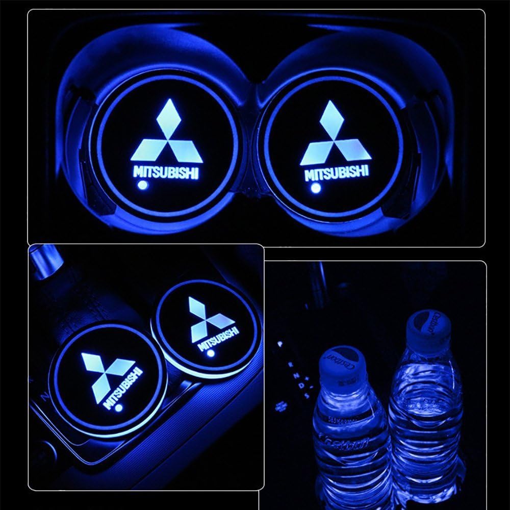 JIanna LED Car Logo Cup Holder Pad 7 Colors Changing USB Charging Mat LED Cup Mat Car Atmosphere Lamp Decoration Lights 2PCS (Mitsubishi)