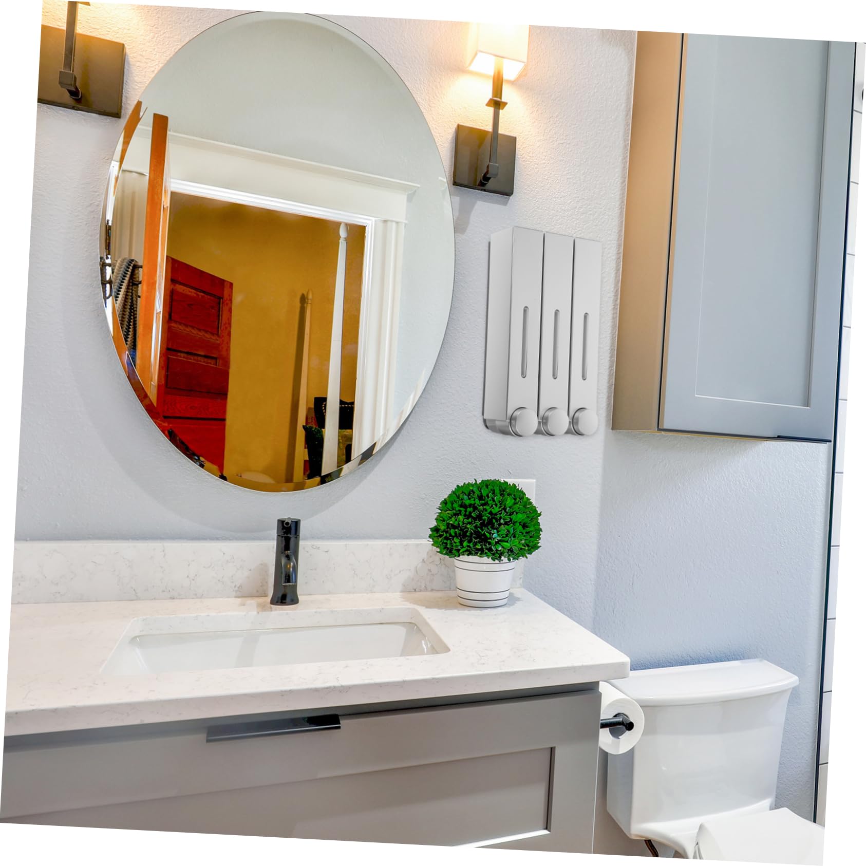 DECHOUS Dispenser di Sapone da Parete Manuale a 3 Camere, Design Argentato, Abs e Pvc, per Shampoo e Bagnoschiuma in Bagno e Doccia