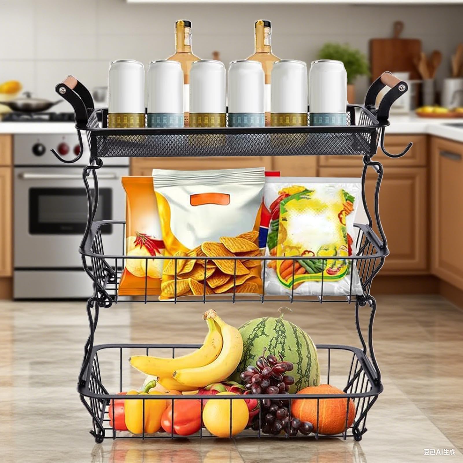 Cestas de Verduras de 3 Niveles para Cocina | Organización y Almacenamiento con Ganchos para Plátanos para Patatas Cebollas Verduras Pan Alimentos Hogar