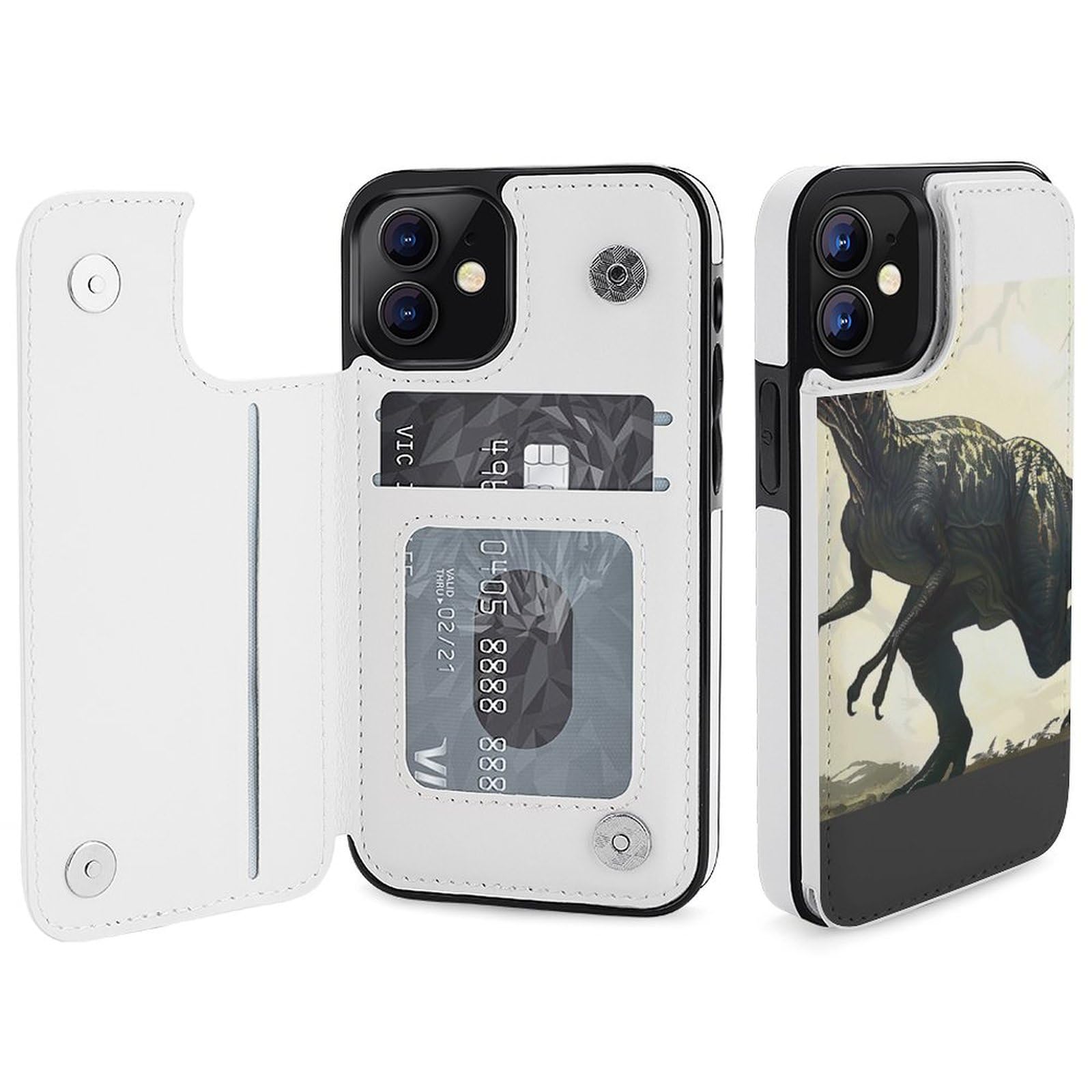 Fundas tipo cartera para iPhone 12, Velociraptor con estampado de dinosaurios, funda de piel con ranuras para tarjetas
