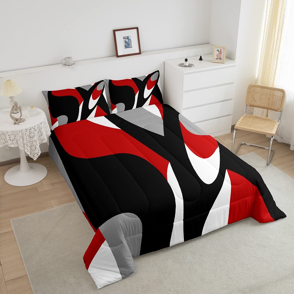 Homemissing Set di biancheria da letto con motivo geometrico, moderno, linea ondulata, piumino, bianco, rosso, nero, trapuntato, per bambini, ragazzi, ragazze, adulti, con 2 federe matrimoniali