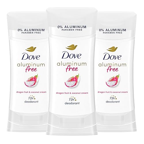 Dove Desodorante sin aluminio para mujer, paquete de 3 unidades de fruta de dragón y crema de coco, protección contra olores de 72 horas, 2.6 onzas