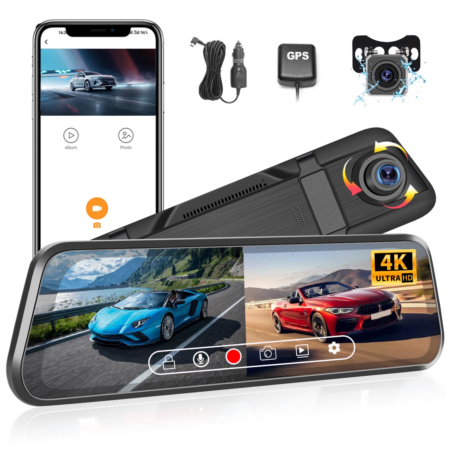 4K Podofo Dashcam Voiture Rétroviseur Écran Tactile, 9,66 Pouces Arrière et Avant Full HD 150° Avant + 120° Arrière Media DVR avec Super Vision Nocturne/G-Sensor/Capteur G/Monitor+Caméra de Recul