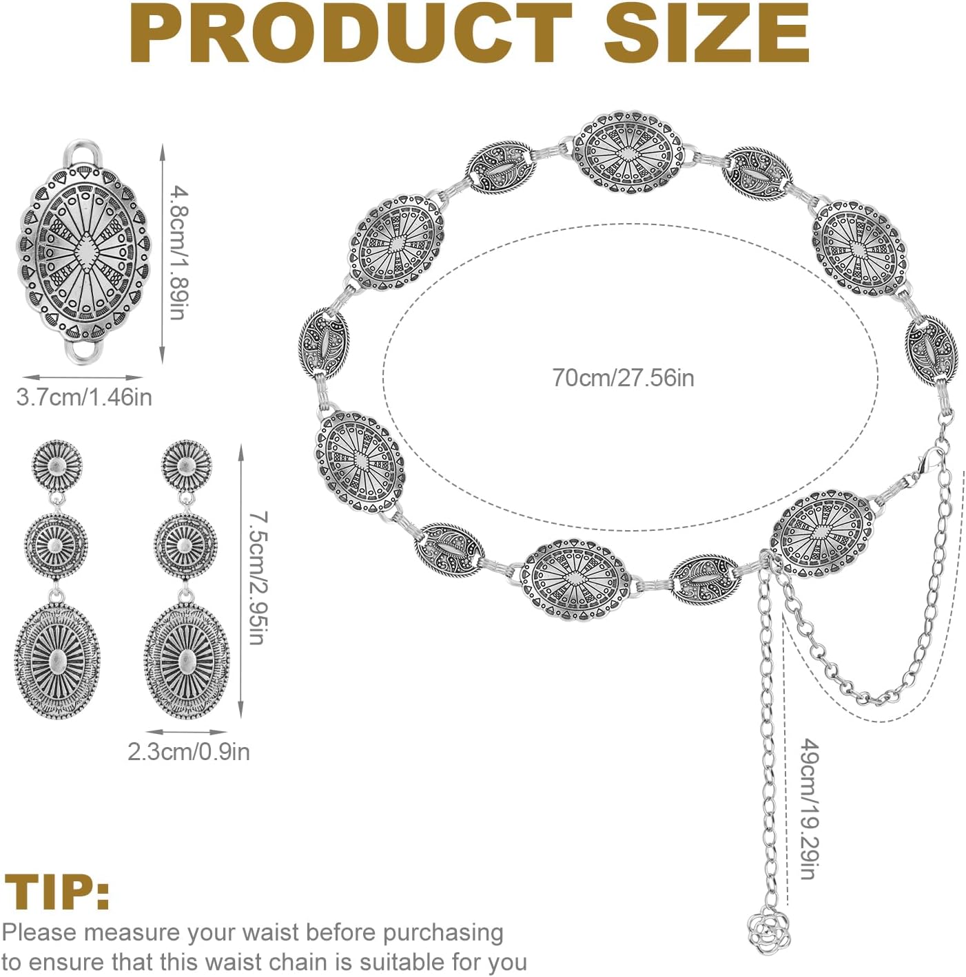 Western Concho Belt and Cowgirl Earrings Set, Silver Exquisite Vintage Oval Elements Waist Chain Dangle Earrings Boho Jewelry Gift for Women Country Concert Outfit - Image 2