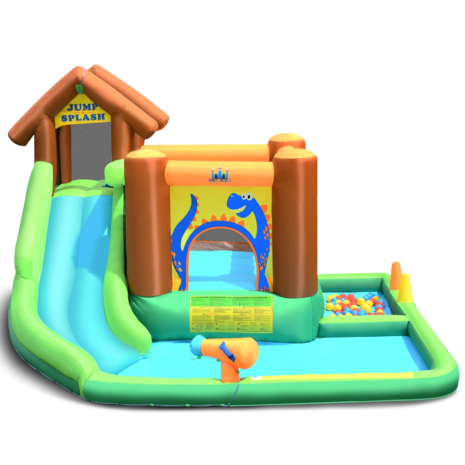 COSTWAY Castello Gonfiabile per Bambini, Parco Acquatico con Scivolo per Bambini, Piscina Trampolino e Palline, con Borsa da Trasporto, per 5 Bambini 3-10 Anni (con Compressore)