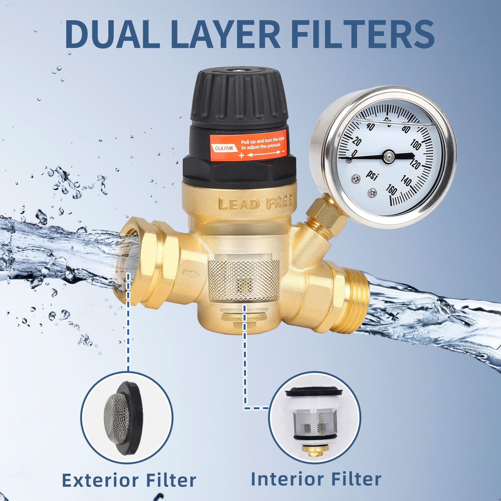 OULEME Válvula reguladora de presión de agua RV con mango ajustable, medidor de aceite de silicona, filtros dobles, latón sin plomo y conector de 3/4 pulgadas para control de presión de agua de