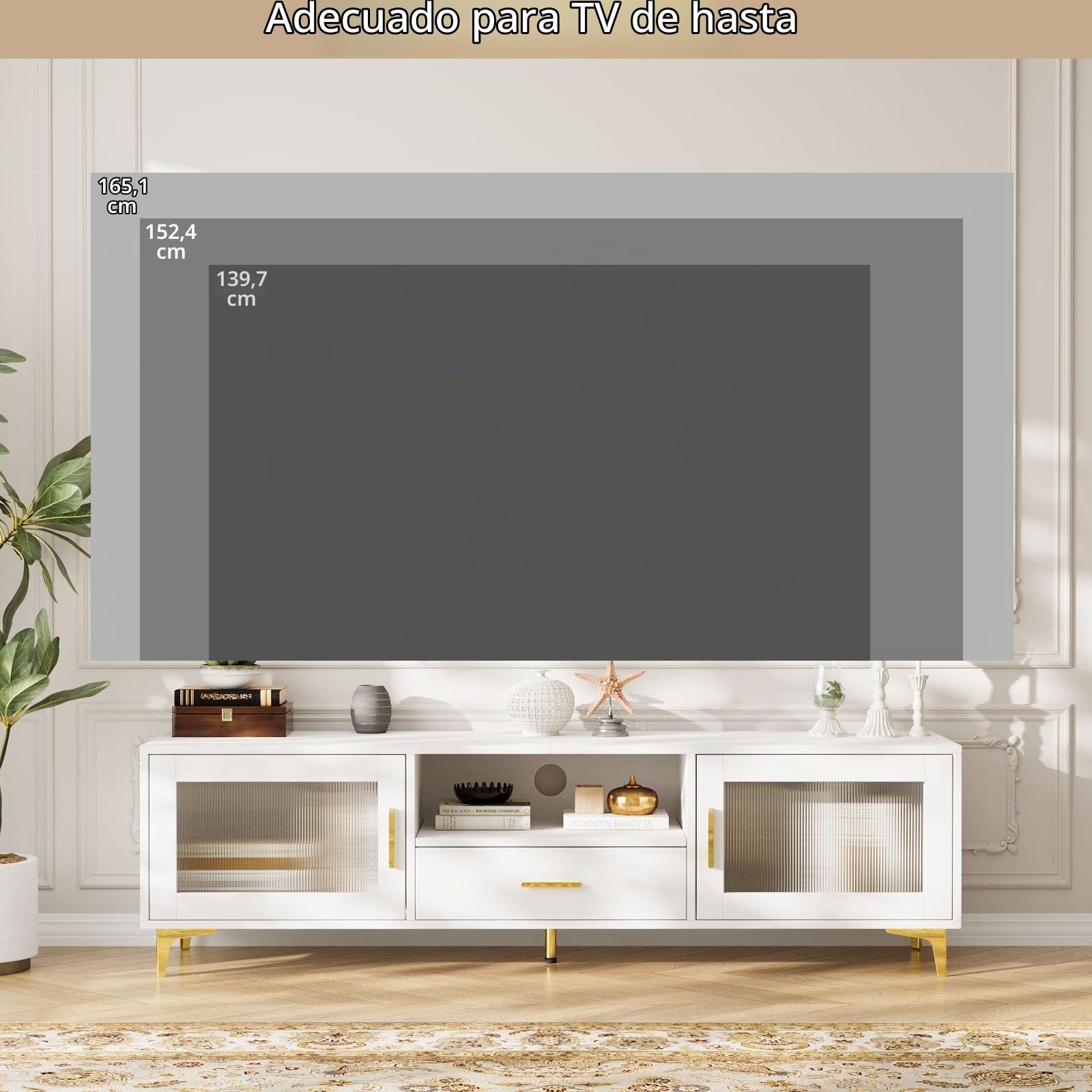 VOWNER Mueble de TV, TV de Perfil bajo de hasta 65", Mueble de TV con Espacio de Almacenamiento Abierto, Mesa de TV con Cajones, Apto para Salón y Dormitorio, 150 x 35 x 43 cm, Blanco